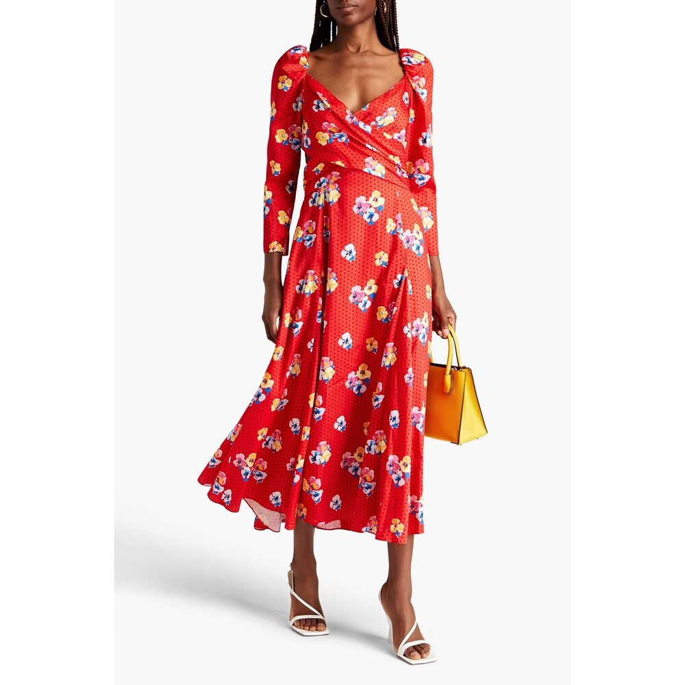 RUNWAY. NWT. $2190 CAROLINA HERRERA Pleated printed twill midi dress Sz 8 red - Picture 3 of 10